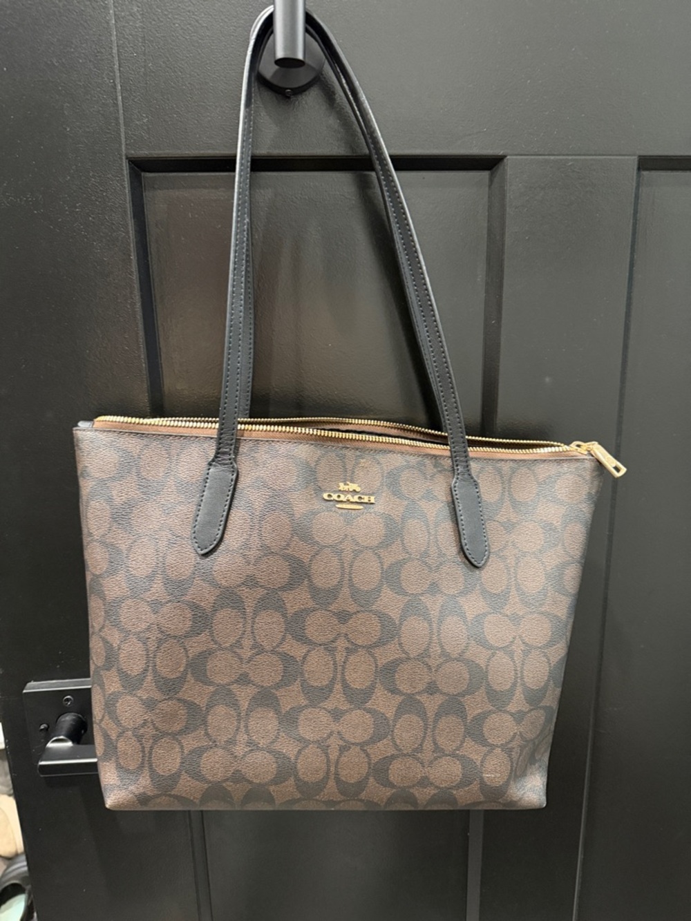 Coach Brown Signature Canvas Tote with Black Leather Handles